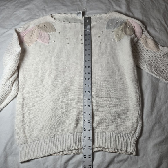 Vtg Sweater Pastel Leaves M Faux Pearls 80s 90s Unbranded - Picture 11 of 13